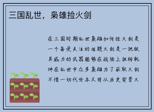 三国乱世，枭雄捡火剑