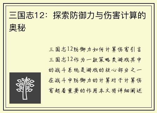 三国志12：探索防御力与伤害计算的奥秘